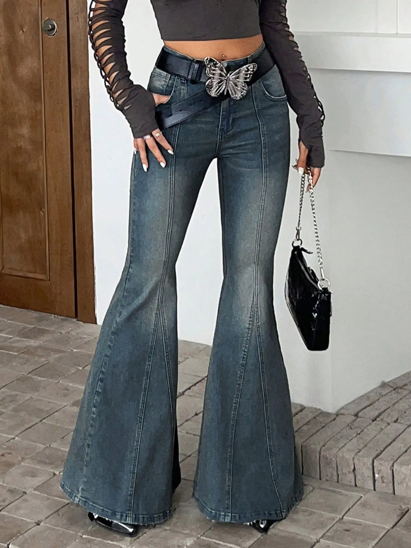 Vintage Distressed High Stretch Micro Flare Jeans for Women, High Waist Slim Fit, Long Bell Bottom Pants, All Seasons Casual Style