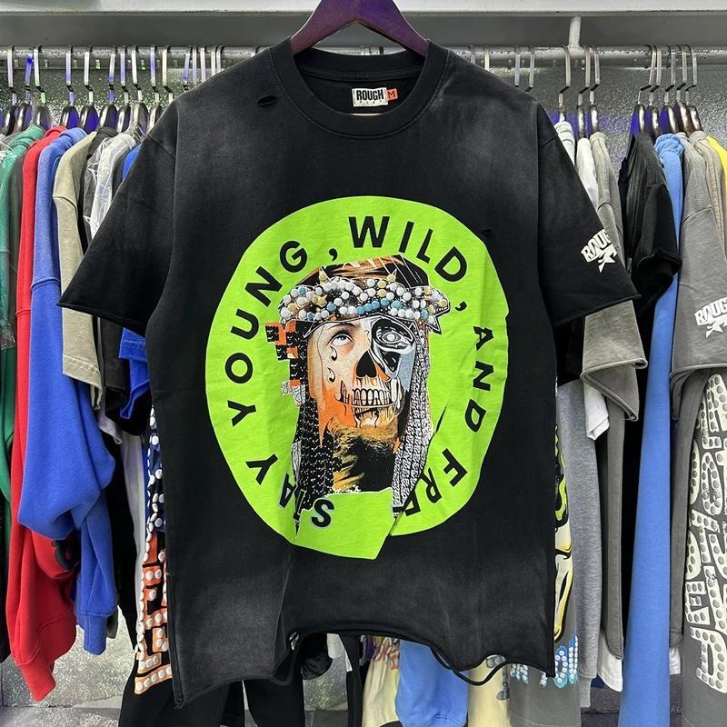 Vintage Washed Roughplay T-Shirt, Heavyweight White Ink Jesus Skull Print, Retro Rockabilly Bling Diamond Patchwork, American Hip Hop Unisex Streetwear Short Sleeve Cotton Tee