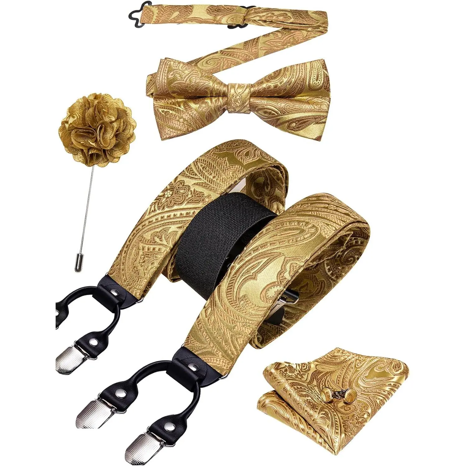 Suspenders and Bow Tie Set for Men, Classic Paisley Print Y-Shape Braces with 6 Strong Clips, includes Pocket Square and Cufflinks, Bow Tie Bow