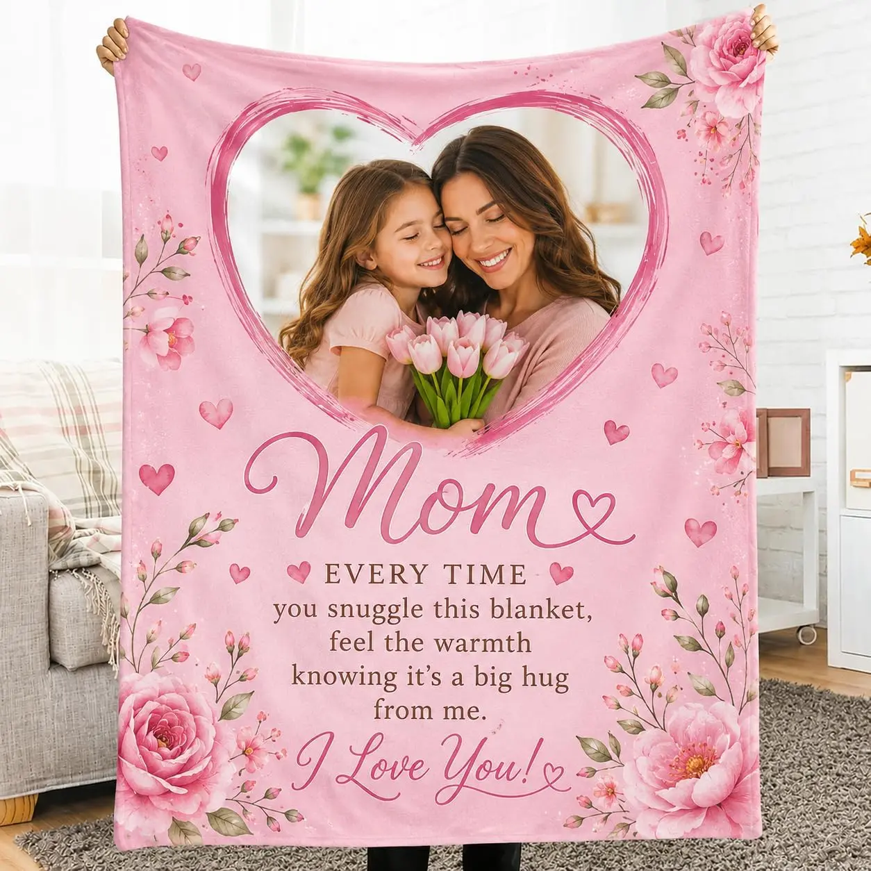 Mom Every Time You Snuggle This Blanket Flannel Throw, Custom Photo with Heart Frame Design, Soft Cozy Warm Blanket for Bed Sofa, Mother's Day Birthday Gift for Mom from Daughter Son, Personalized Gift for Her, Valentine's Day Thanksgiving Christmas Gift