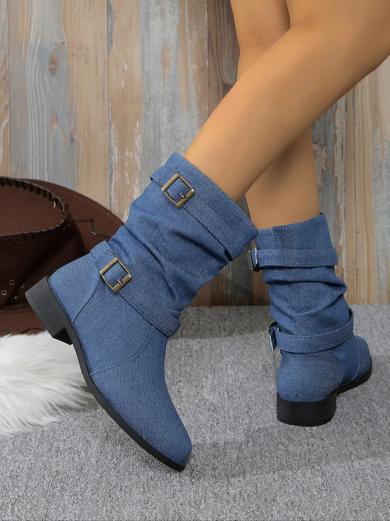 Women's Cowboy Boots, Buckle Slip-On Western Style Vintage Denim Girl Shoes, Comfortable Fashion Design, Perfect for Casual All-Season Wear