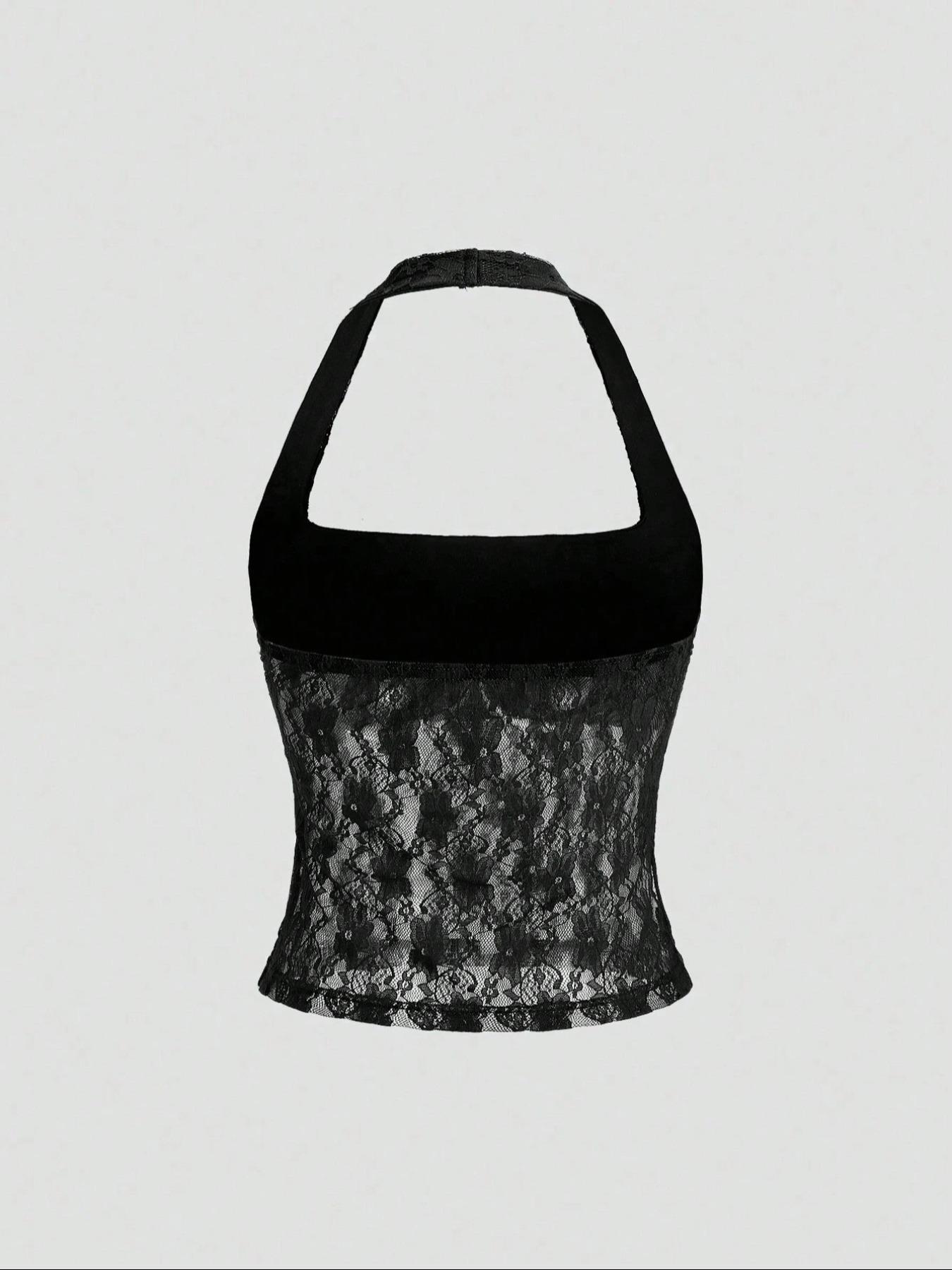 Women's Plain Floral Lace Halter Neck Top, Elegant Sleeveless Top for Party Vacation, Ladies Clothes for Summer, Casual Sleeveless Cami, Womenswear