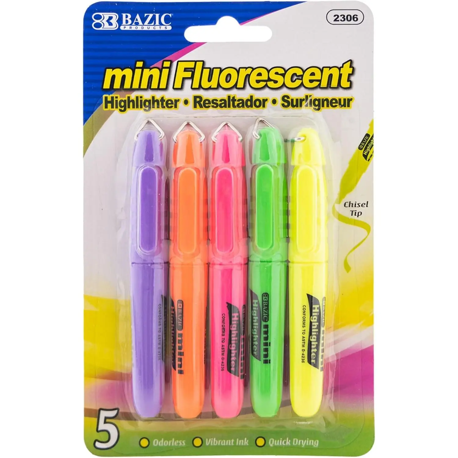 Mini Highlighters, Fluorescent, Chisel Tip, Cap Clip, 5 Ct | Quick-dry,  fluorescent mini highlighters, compact, , ASTM D-4236, odorless