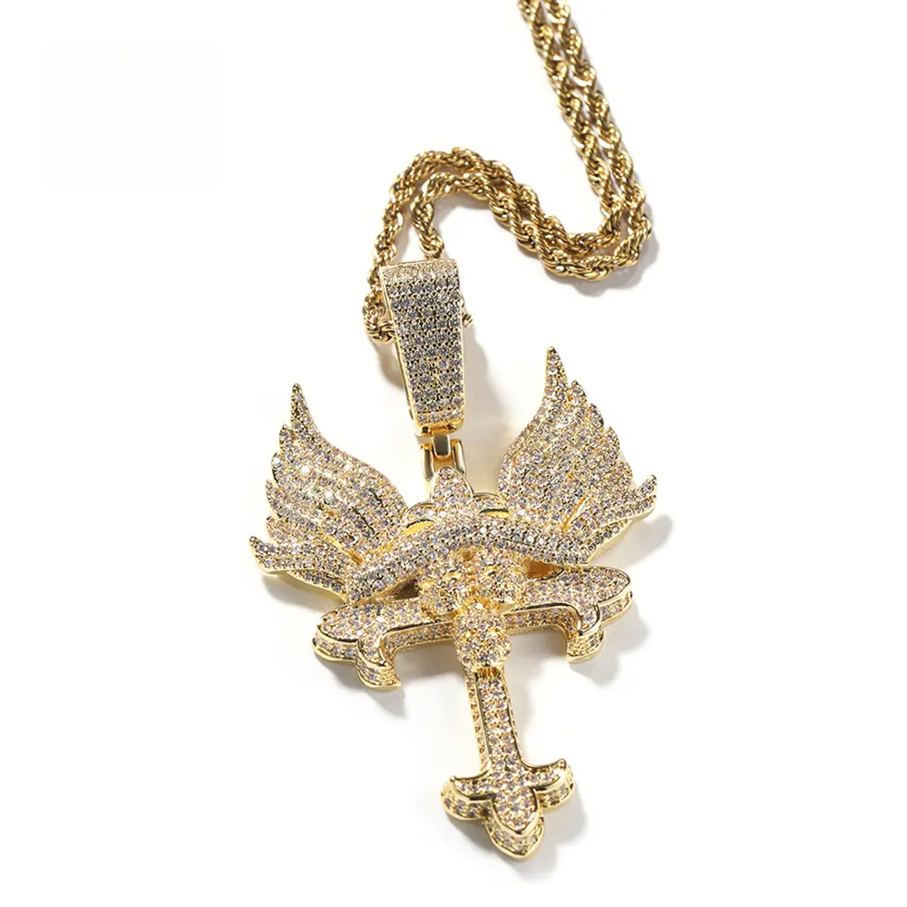 Loveden Hip Hop Angel Wing Cross Necklace for Men Women, Niche Creative Wing Embedded Cross Pendant, Stainless Steel Long Sweater Chain, Gothic Vintage Couple Matching Jewelry, Trend Street Fashion Accessory for Daily Streetwear Outfits