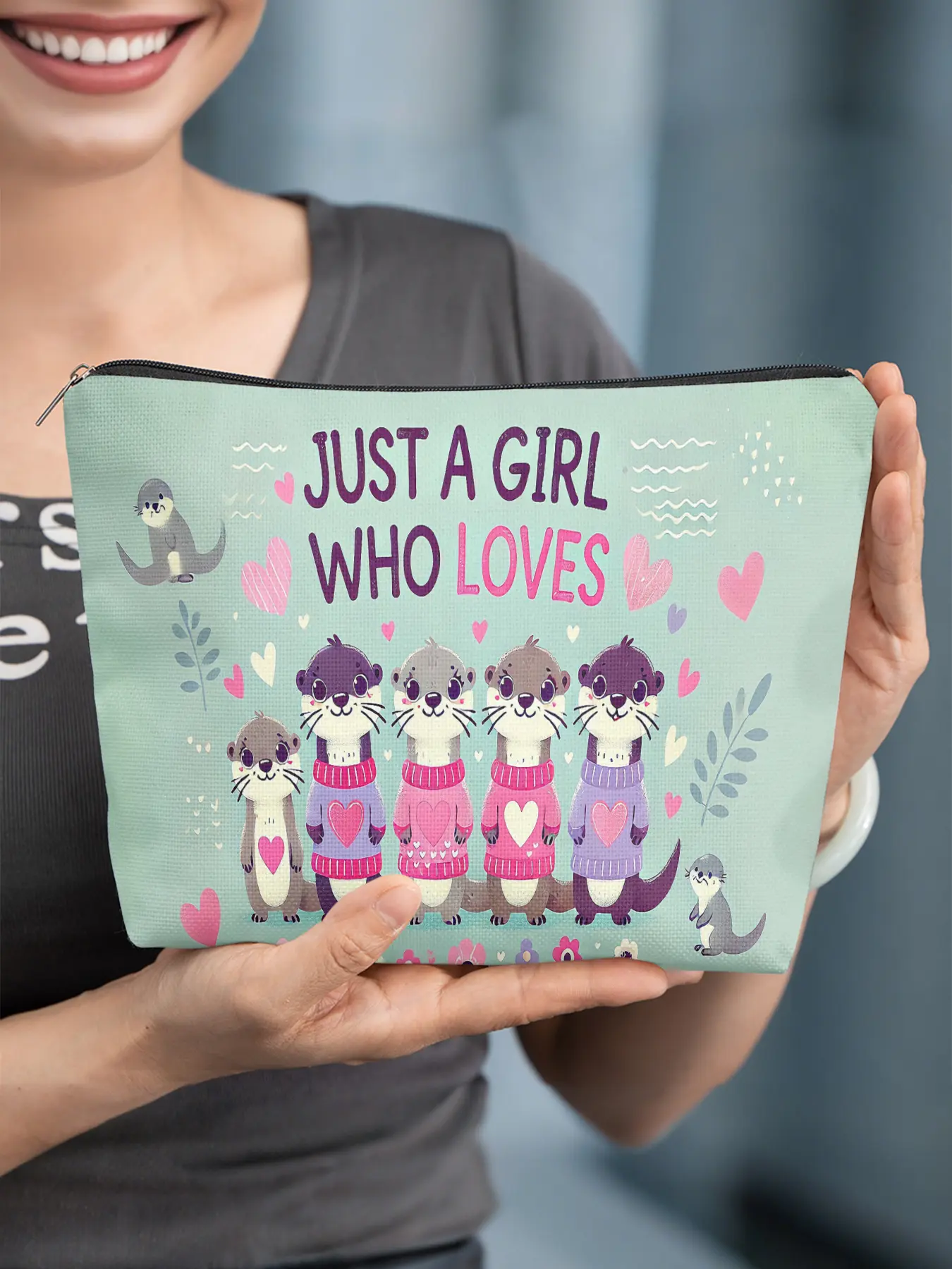 1pc, A girl who loves otters, Durable and Fading-Resistant Canvas Bag, Portable Storage Bag, Student Pencil Case, Canvas Toiletry Bag, Pencil Case Travel Bag, Snack Bag - Multifunctional Bag - The Best Gift for Friends