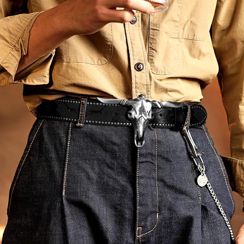 XZQTIVE Western Cowboy Cowgirl Belt for Men and Women Engraved Floral Longhorn Bull Cow Skull Western Leather Buckle Belt for Men Women Floral Engraved Cowboy Belt for Jeans Longhorn Bull Buckle Waist Belt,L Western Brown Leather Print Belt with Buckle