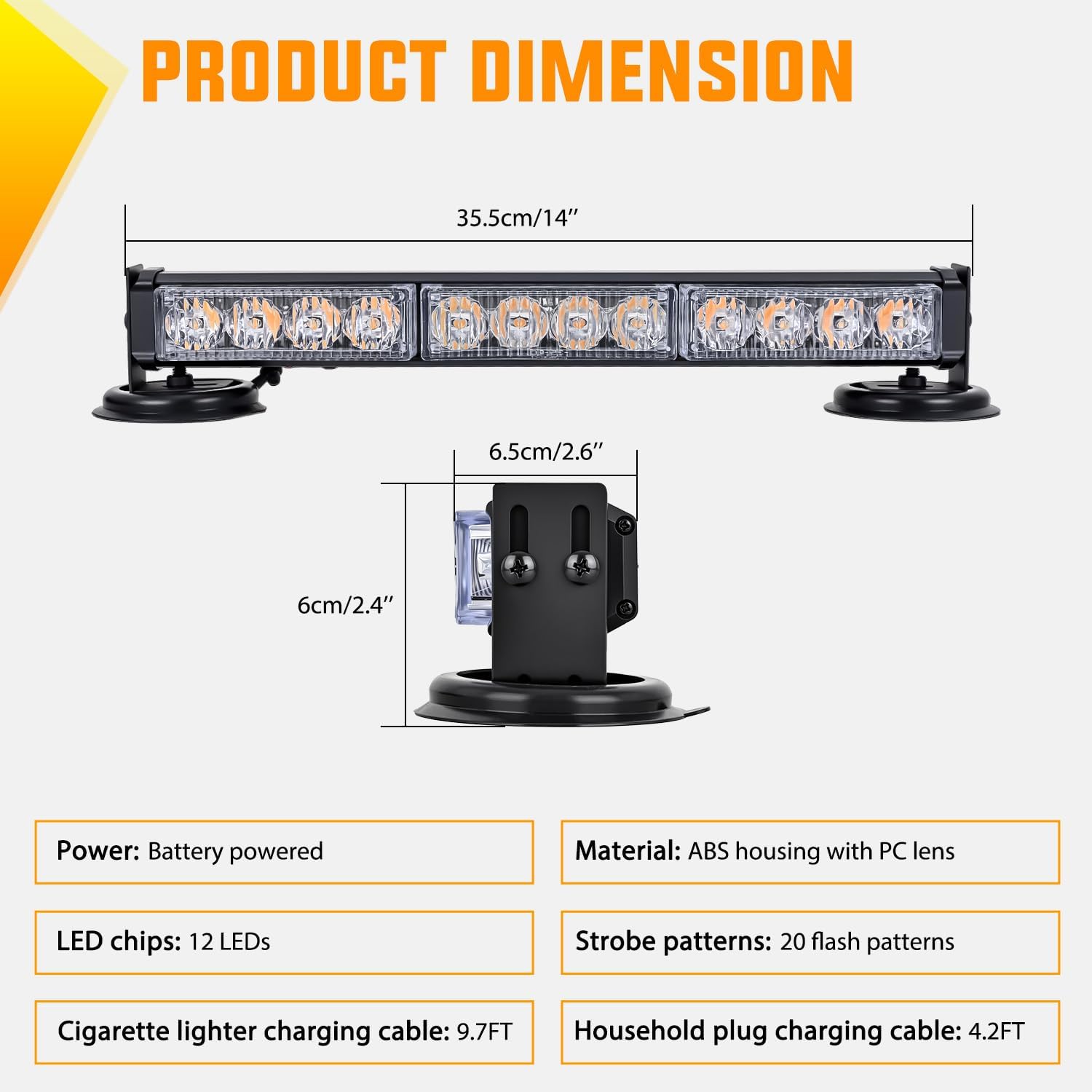 12LED Wireless Strobe Light Amber 14 Inch Magnetic Mount Mini Light Bar 12V Rooftop Powered Hazard Work Lights for Car Truck Trailer Snow Plow Construction Vehicles
