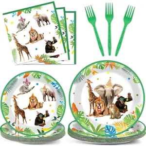 96Pcs Jungle Birthday Party Plates and Napkins Safari Animals Themed Disposable Tableware Set for 24 Guests Jungle Theme Party Decorations Wild Gold Safari Zoo Birthday Favors Supplies