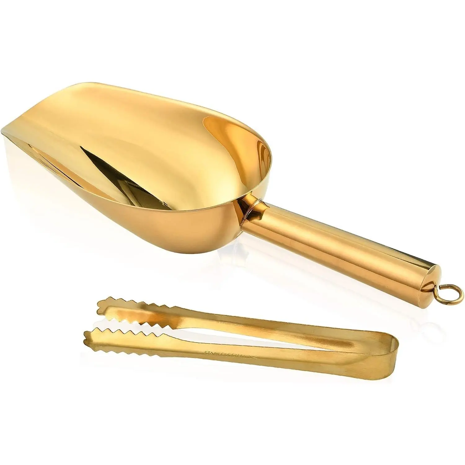 Stainless Steel Ice Scoop and Ice Tongs, Small Round Bottom Bar Ice Flour Utility Scoop & Buffet Clip Kitchen Bar BBQ Party Wedding, Gold | Multifunctional Small Round Bottom Bar Ice Flour Scoop Food Candy Clip for Kitchen Bar BBQ Party Wedding
