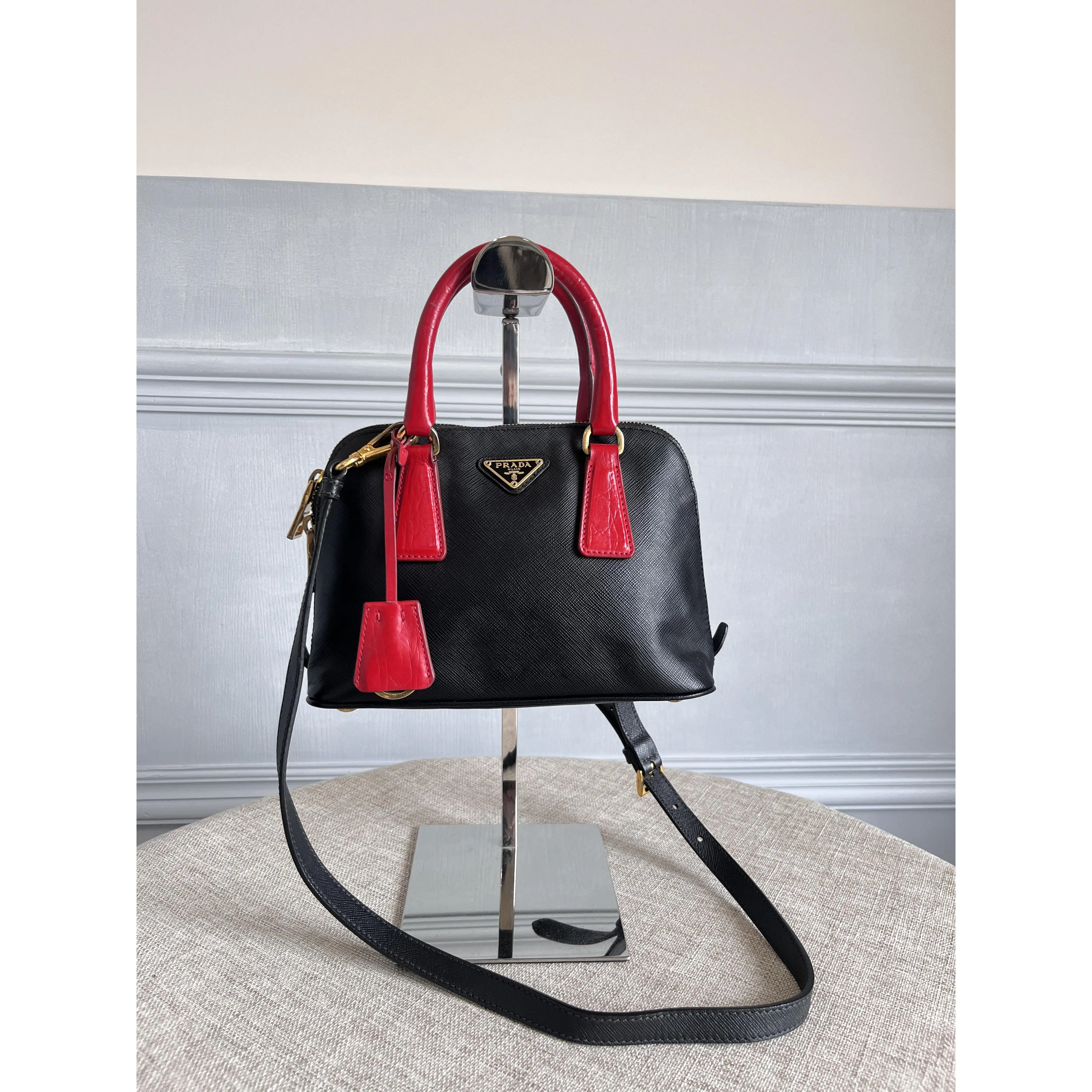 Pre-owned PRADA Black&Red Saffiano Lux Leather and Croc Mini Promenade Crossbody Bag