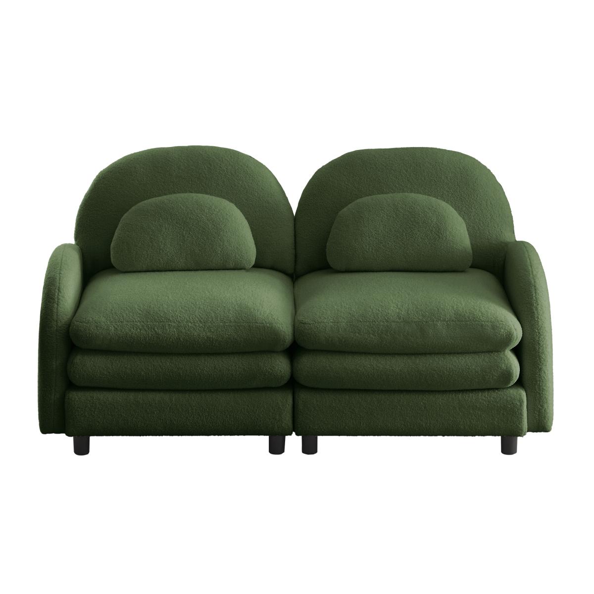 Teddy Fabric Soft Cloud-like Loveseat Sofa,Curved Backrest and Armrest with Curved Lumbar Pillows, Modular 2 Seater Couch with Supportive Double-layer cushion, Green