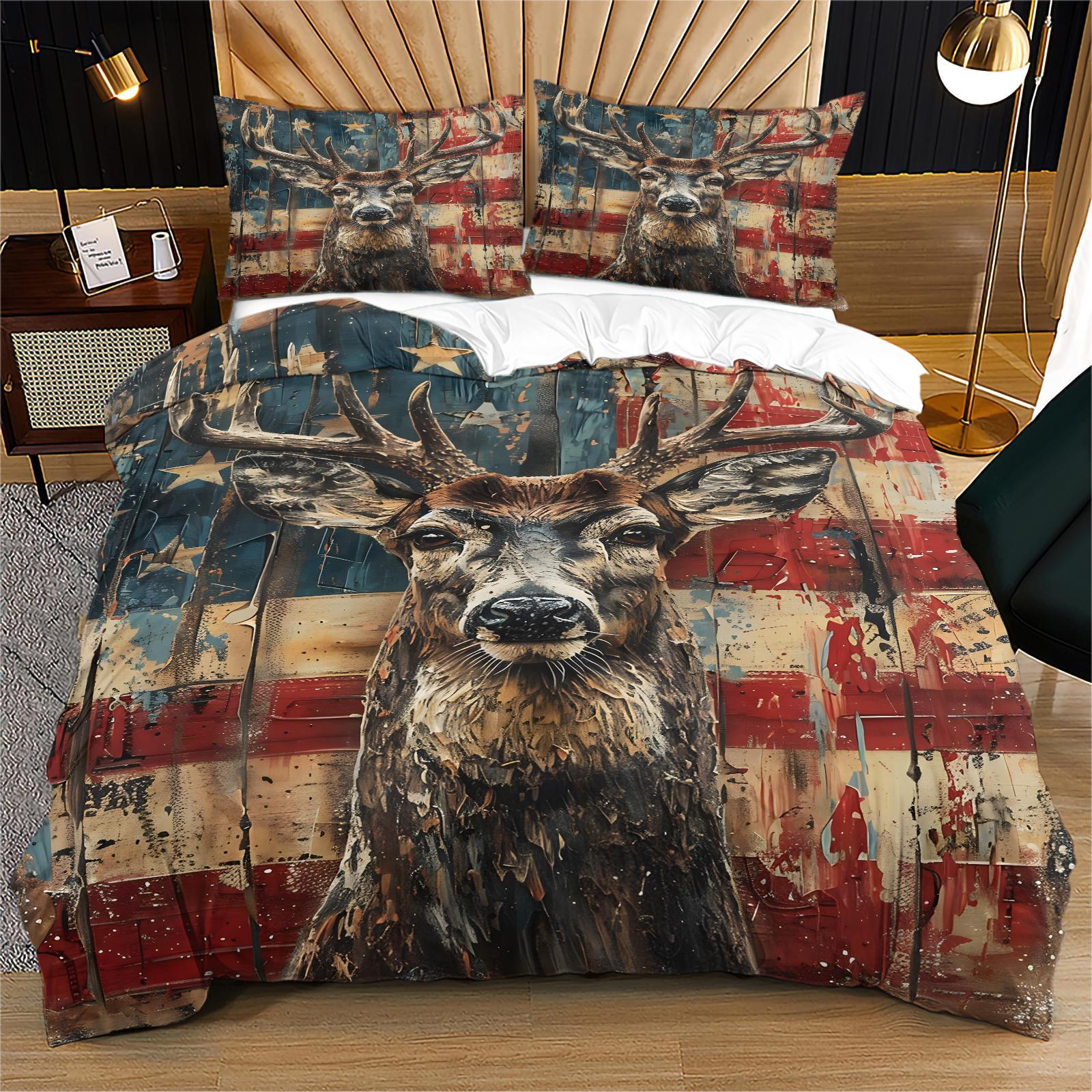 Deer & Flag Pattern Bedding Set, 1 Count Bedspread & Pillowcase without Filler, Soft Comfortable Bedding Set for Home Bedroom