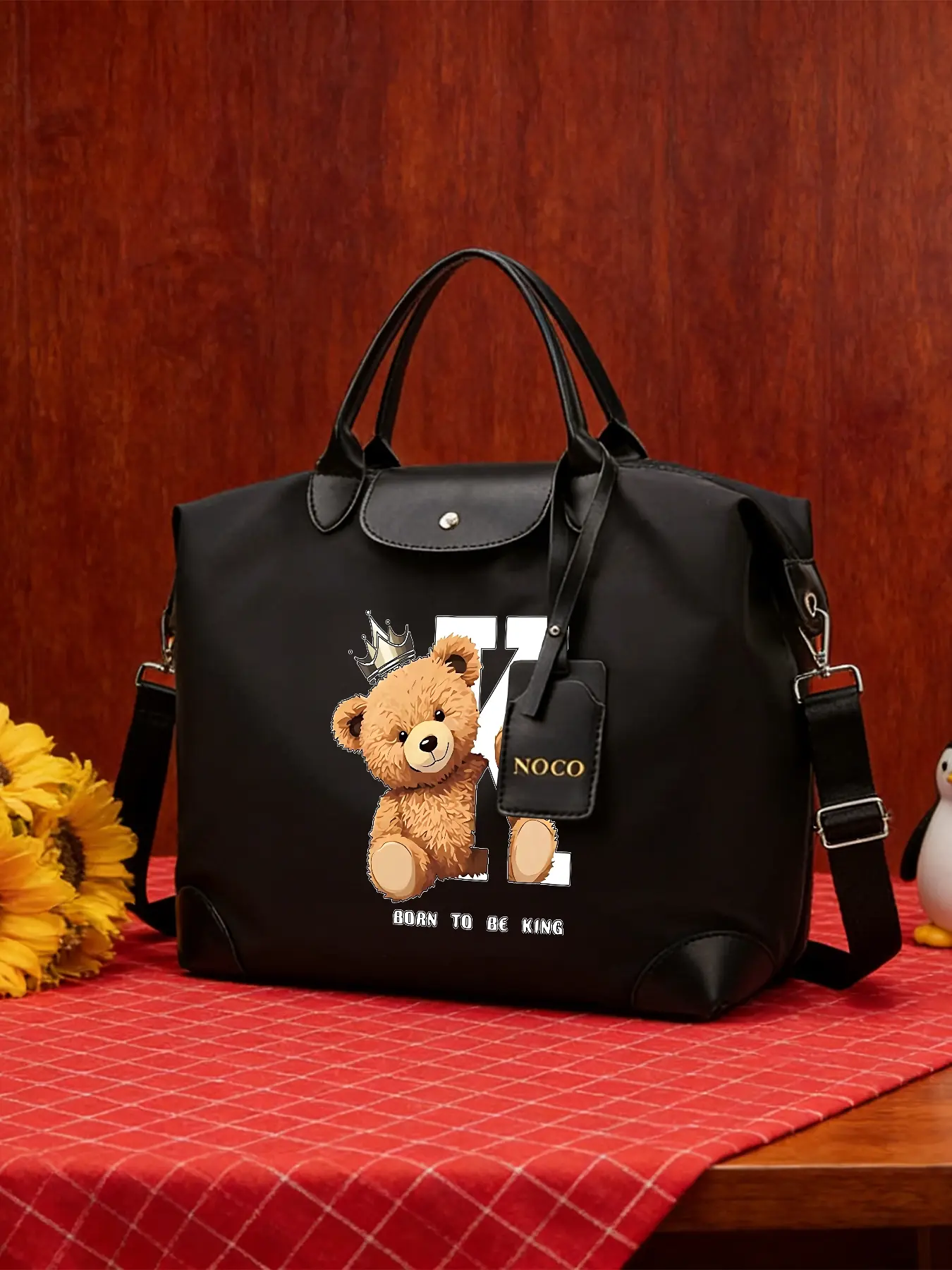 Teddy Bear KING Pattern Crossbody Bag, Stylish Tote Bag, Casual Shoulder Bag, Large‑capacity Handbag, Adjustable Shoulder Strap, Wearable As Crossbody or Hand‑held, Suitable for Work and Daily Commuting, An Ideal Gift.