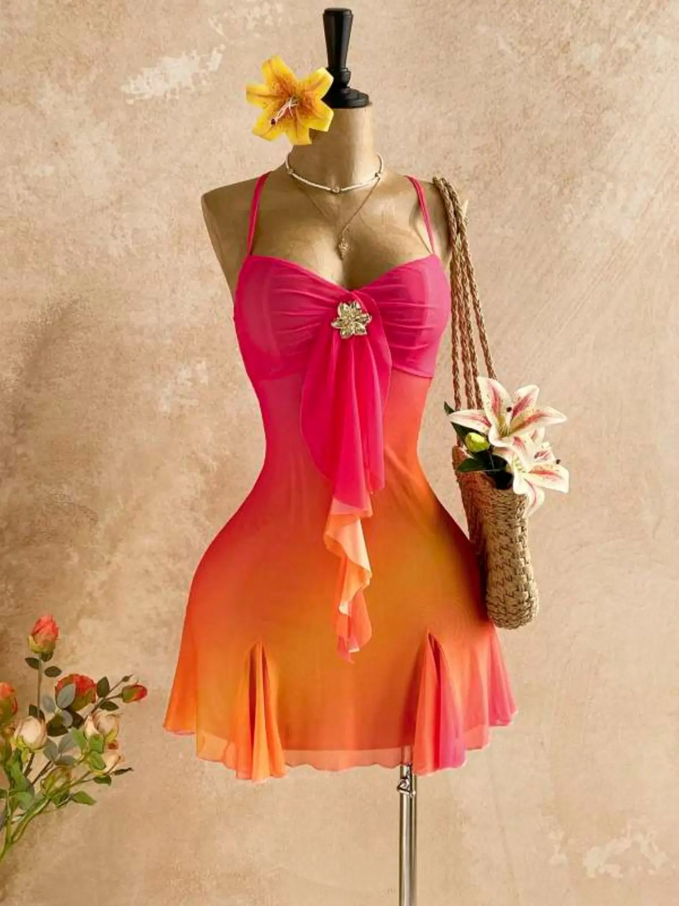 Tropical Sunset Slimming Strap Summer Dress, Mesh Layered Ruffle Mini Skirt, Island Travel, Outdoor Photoshoot, Date Night, Sexy Vacation Dress