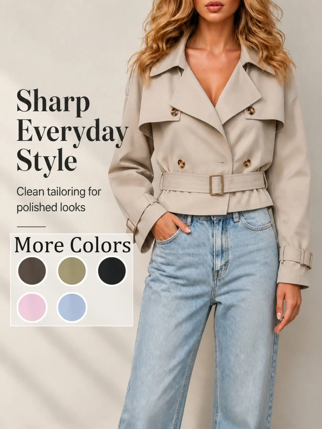 Short Windbreaker Jacket Women, Classic Notched Lapel Design, Loose Long Sleeve, High Waist Style, Early Autumn Casual Retro Outerwear Coats