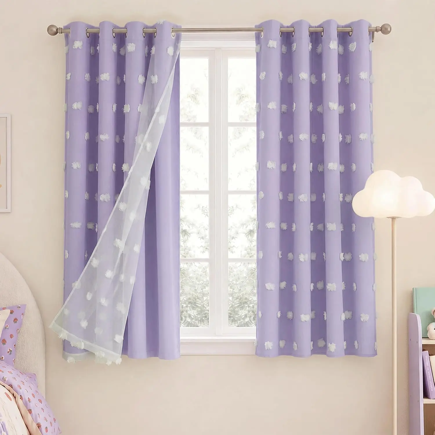NICETOWN Pom Pom Curtains, Room Darkening Double Layer Sheer Drapes for Girls Bedroom, Thermal Insulated Window Treatments