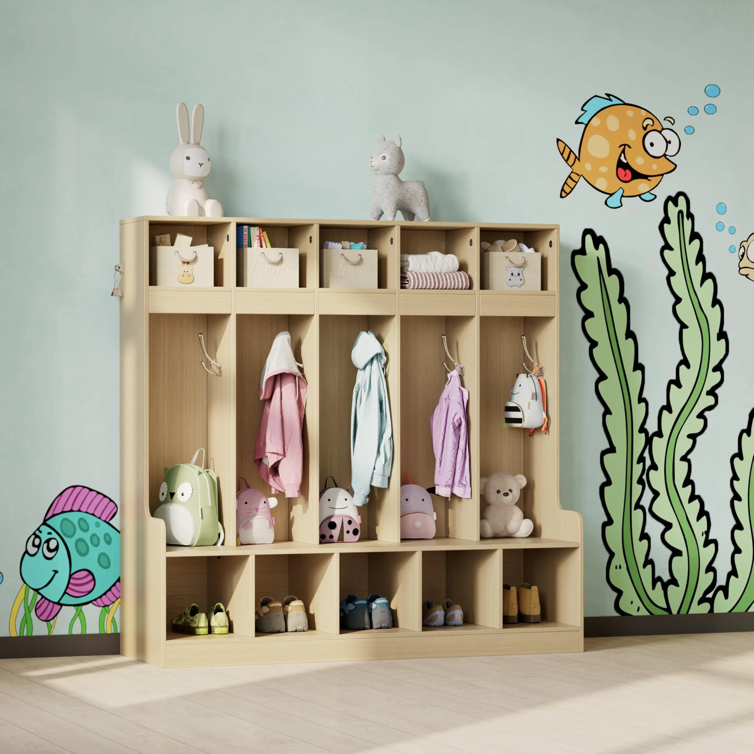 GAOMON 5-Section Wooden Cubby Storage Organizer with Hooks for Coats and Accessories, Perfect for Entryways or Playrooms to Keep Spaces Neat and Organized