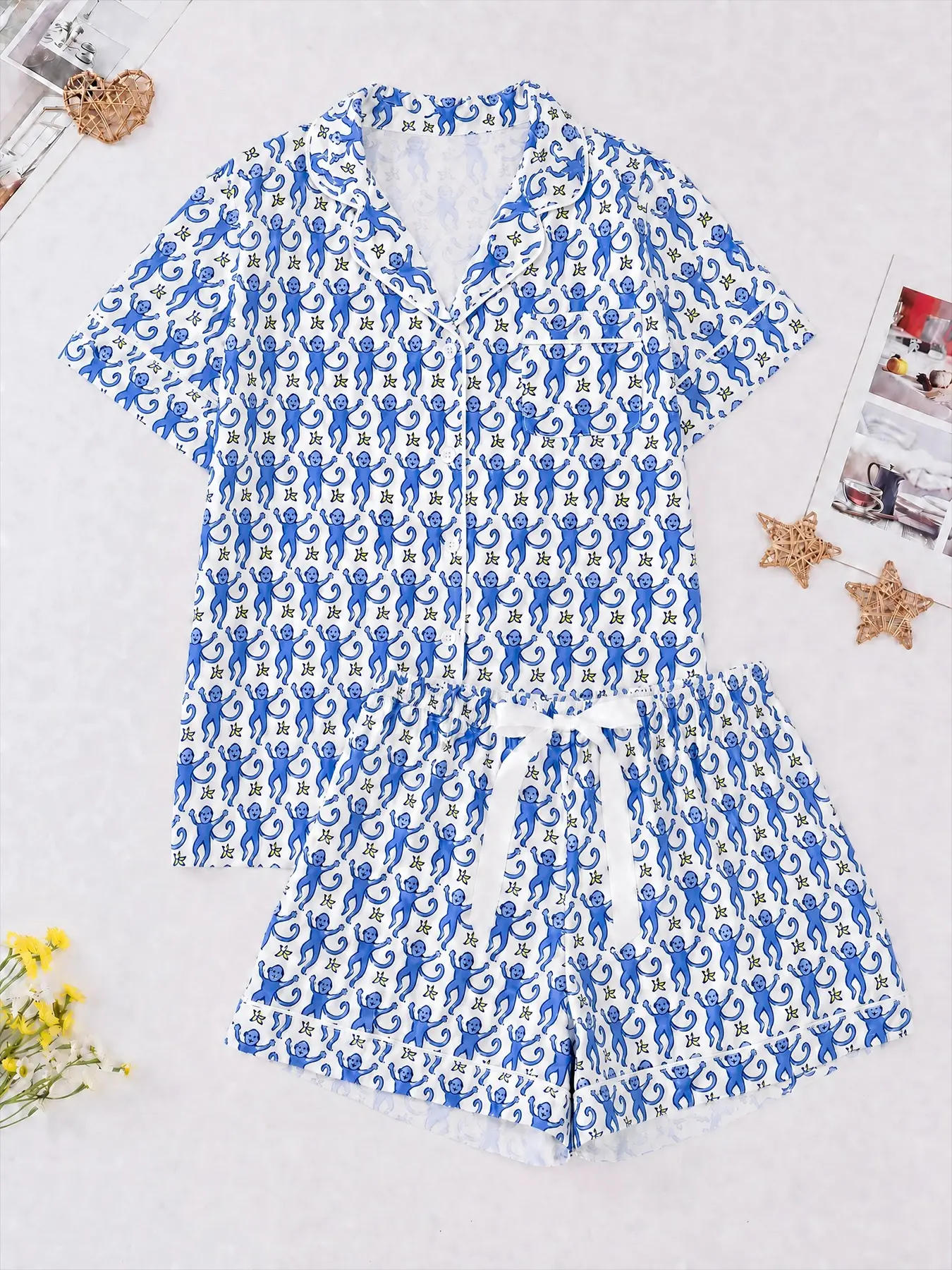 Women's Cartoon Monkey Print Pajama Set, Short Sleeve Fitted Top with Pocket, Loose Shorts, All Seasons, Comfortable Home Wear