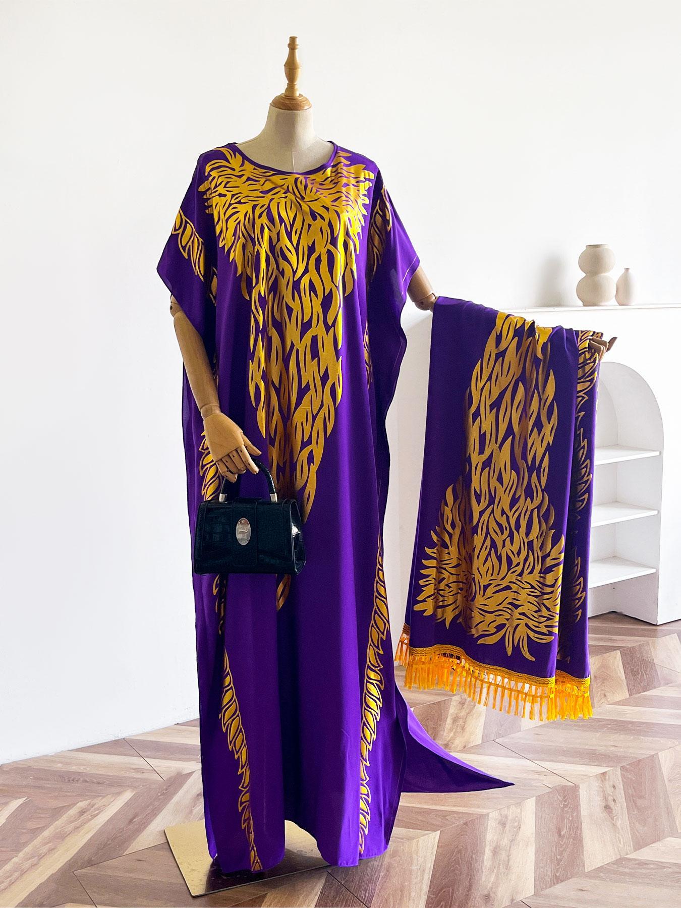 Women's Ethnic Pattern Long Sleeve Cape Dress, Boho Casual Shawl Collar Long Dress for Beach Vacation Holiday, Ladies Clothes for All Seasons, Boho Caftan, Boho Casual Kaftan