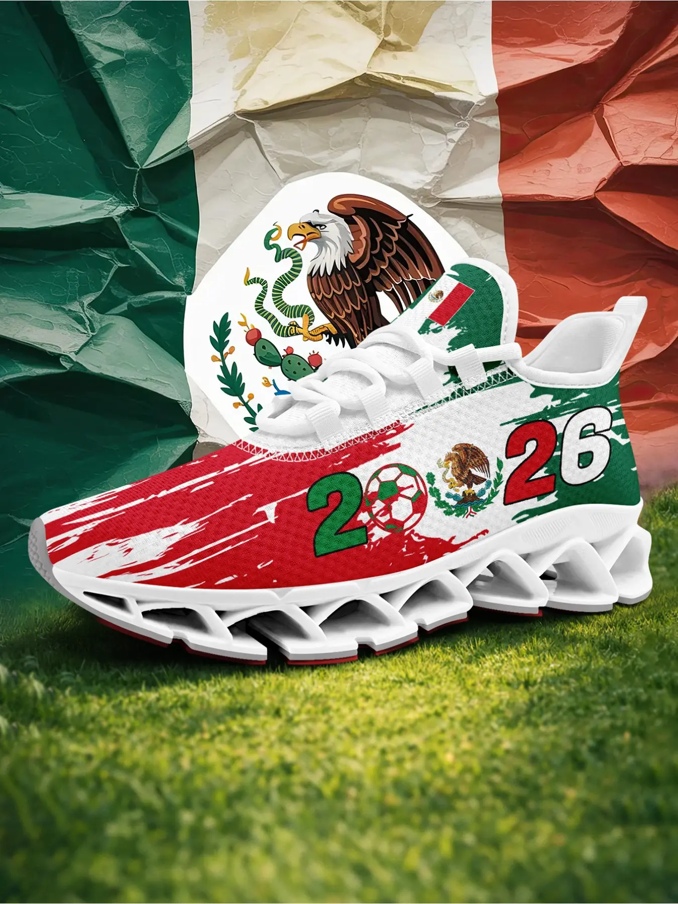 Men's Mexico Flag 2026 Soccer Print Lace-Up Low Top Sneakers, Classic Lightweight Sports Shoes, Comfortable Running Shoes, Walking Shoes, Breathable Plus Size