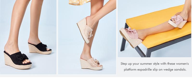 Coutgo Womens Platform Espadrilles Slip On Wedge Sandals Bow Tie Open Toe Slides Shoes