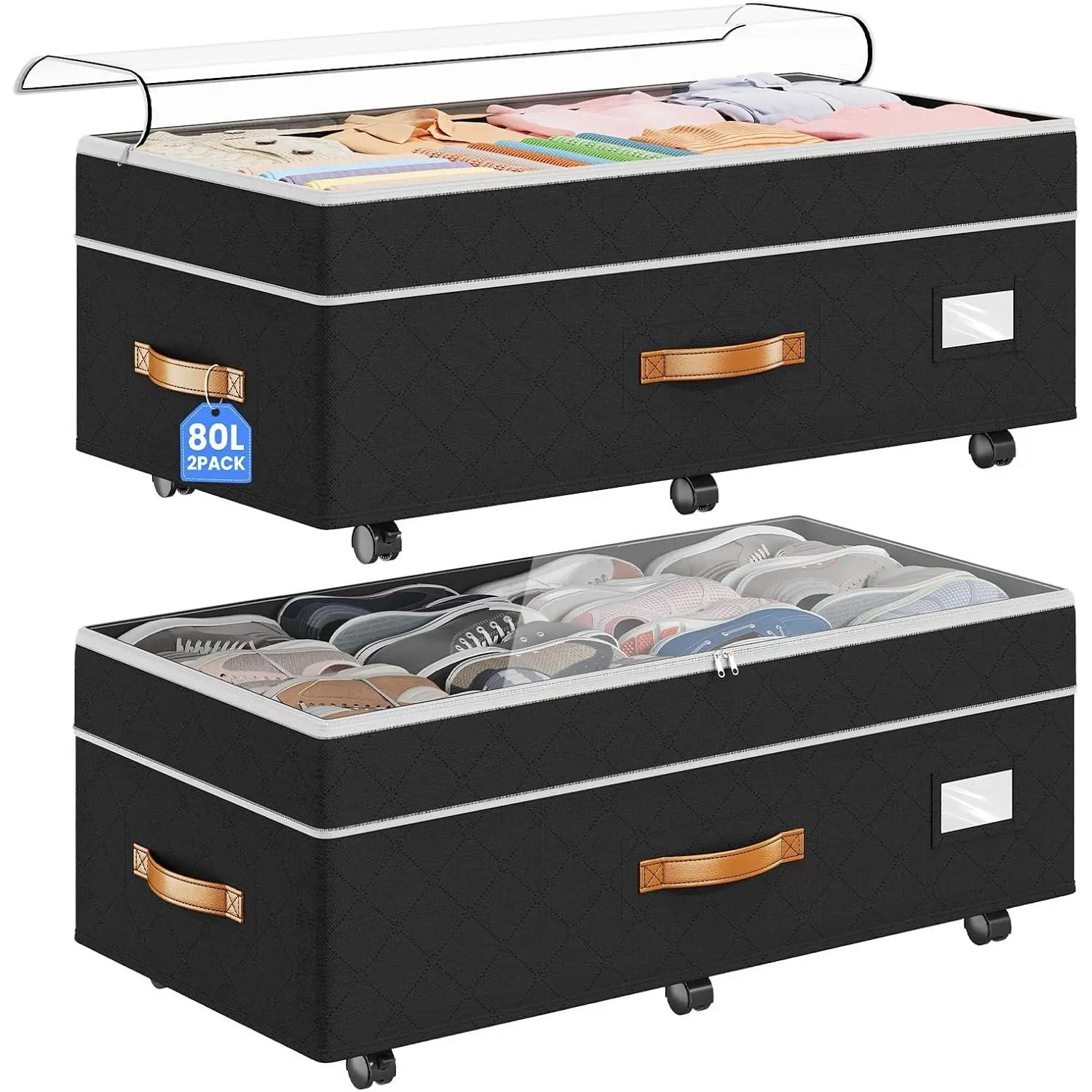 80L 2 Pack Adjustable Under Bed Storage with Wheels | Underbed containers with clear lids, rolling under bed shoe storage organizer for dorm home clothes, blankets, toys, black