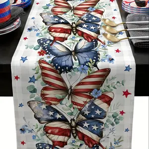 4th of July Table Runner Red Blue Stars Butterfly Table Runners  Eucalyptus Leaves Plaid Independence Day Kitchen Dinner Table Decor for Memorial Day Party 13x72 Inch