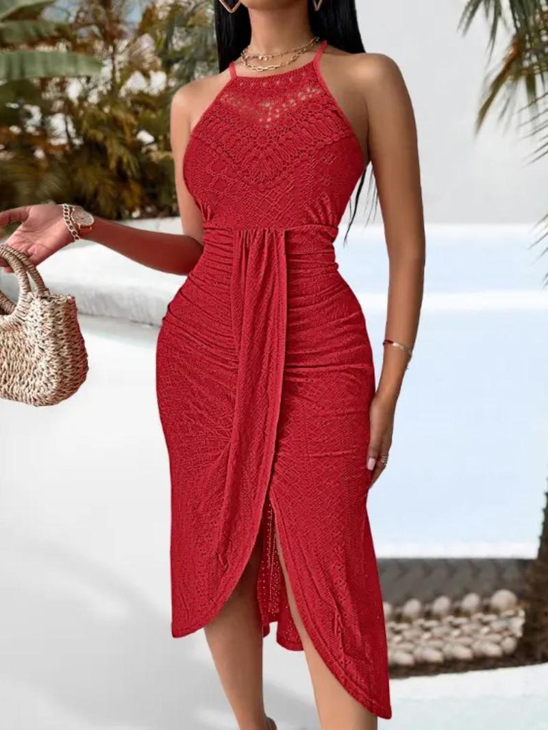 Women's Plain Ruched Bodycon Side Slit Cami Dress, Elegant Sleeveless Dress for Party Holiday Wedding Guest, Ladies Summer Clothes