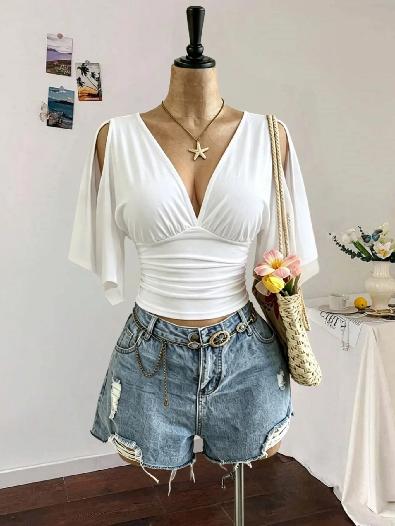 Deep V Neck Off-Shoulder Crop Top with High Waist Short Style, Wrinkled Flaring Sleeves, Casual, Sexy and Trendy Night Out for Women