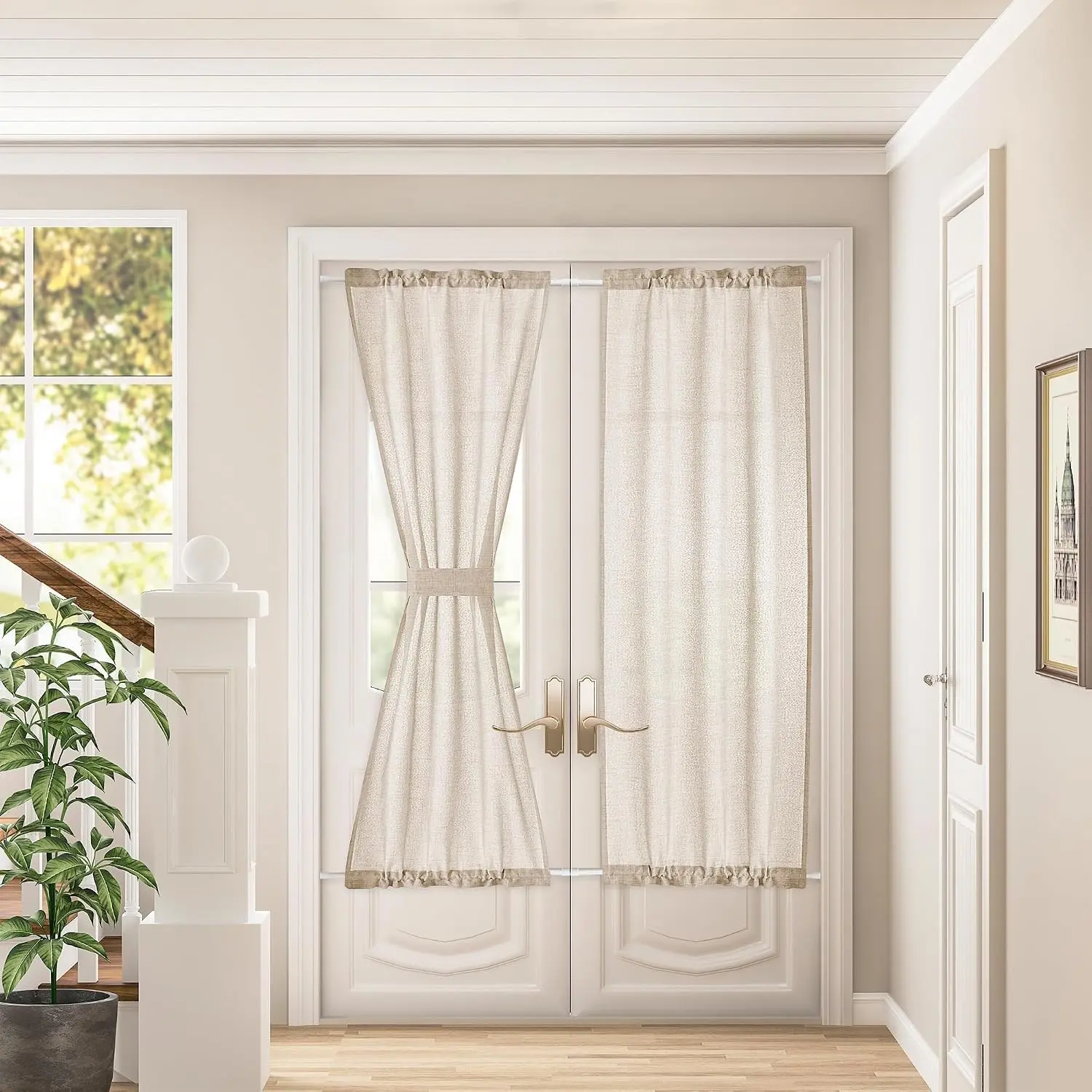 Linen French Farmhouse Door Curtains 2 Panels W25 x L72 Dual Rod Pocket Semitransparent Sliding Door Curtains with Tieback for Privacy Protection Light Filtering Light Coffee