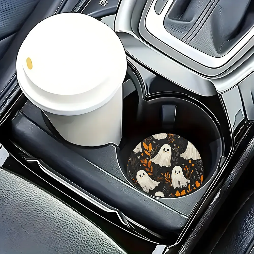 Halloween Ghost Car Coasters 2pcs, Fall Autumn Design, Non-Slip Car Cup Holder Coaster, Easy Clean Rubber Leather, Car Interior Decor