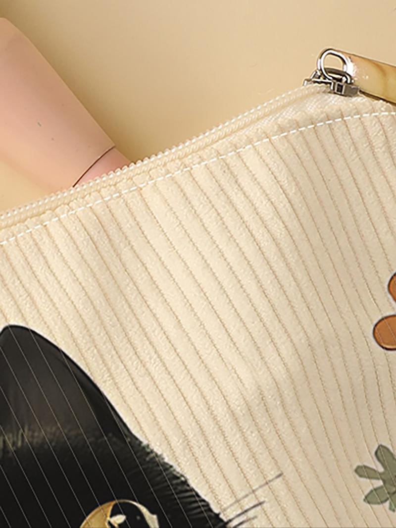 Cat Pattern Corduroy Makeup Bag, Lightweight Zipper Makeup Bag, Multifunctional Makeup Organizer for Toiletries and Accessories