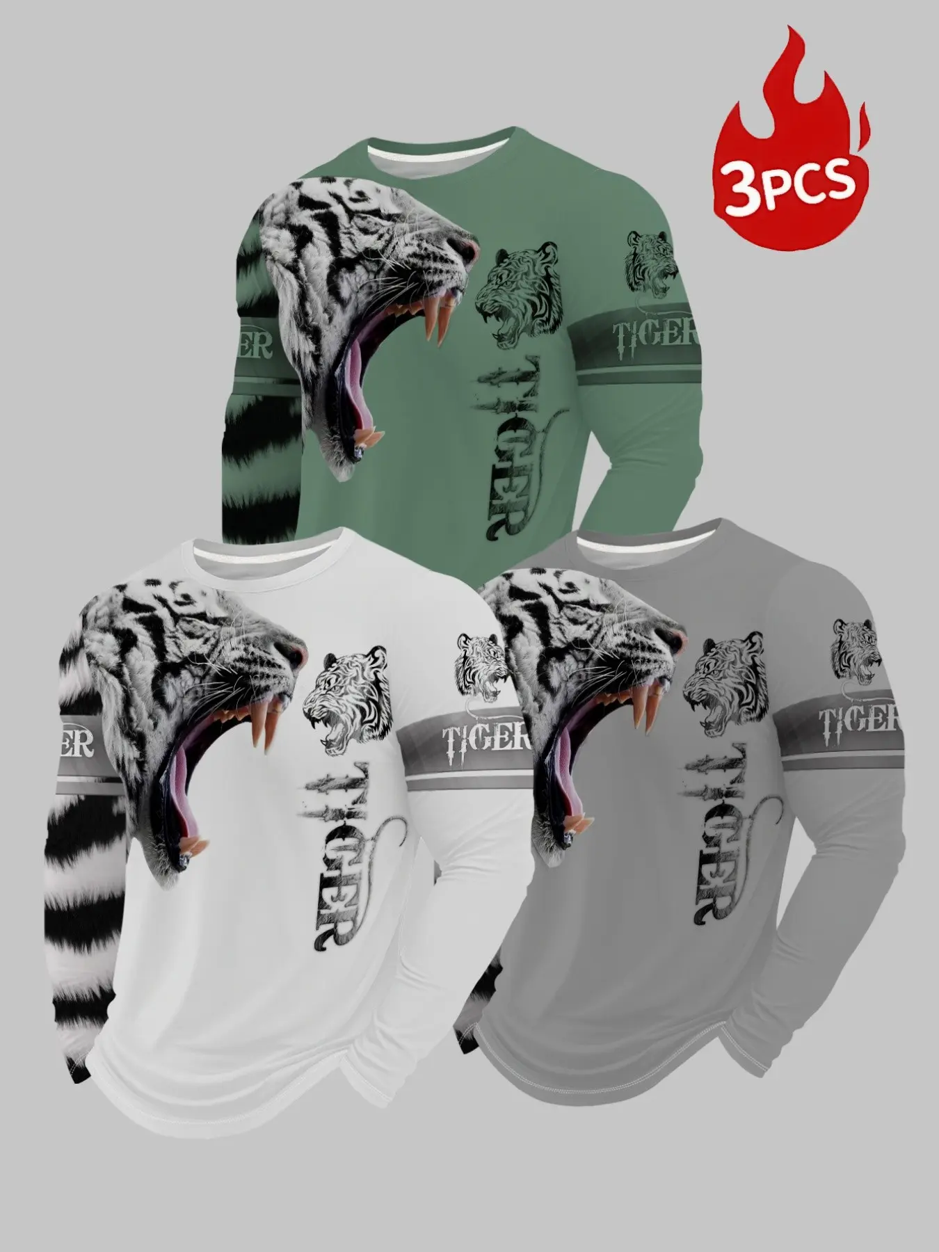 3 Pack Men's Animal Portrait Graphic Long Sleeve Crew Neck Tees, Wild Fierce Beast Print Casual Basic Shirts, Soft Relaxed Fit Menswear Tops for Spring Autumn Outdoor Daily Sports Leisure Outfits.