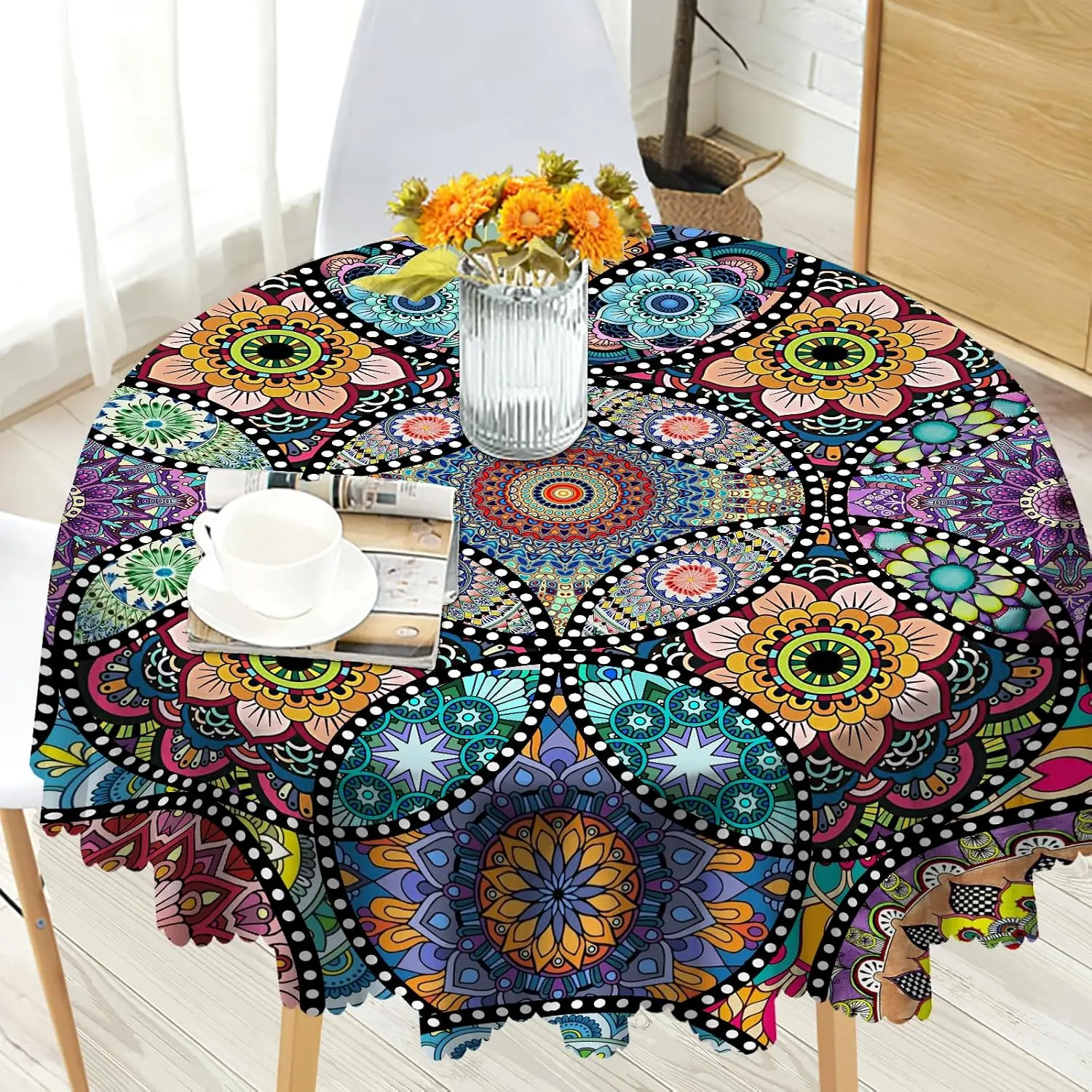 Boho Round Tablecloth, 60inch Bohemia Stain-Resistant Table Cover| Colorful Waterproof Stain Resistant, Wrinkle Free, Circle Tablecloth for Indoor and Use