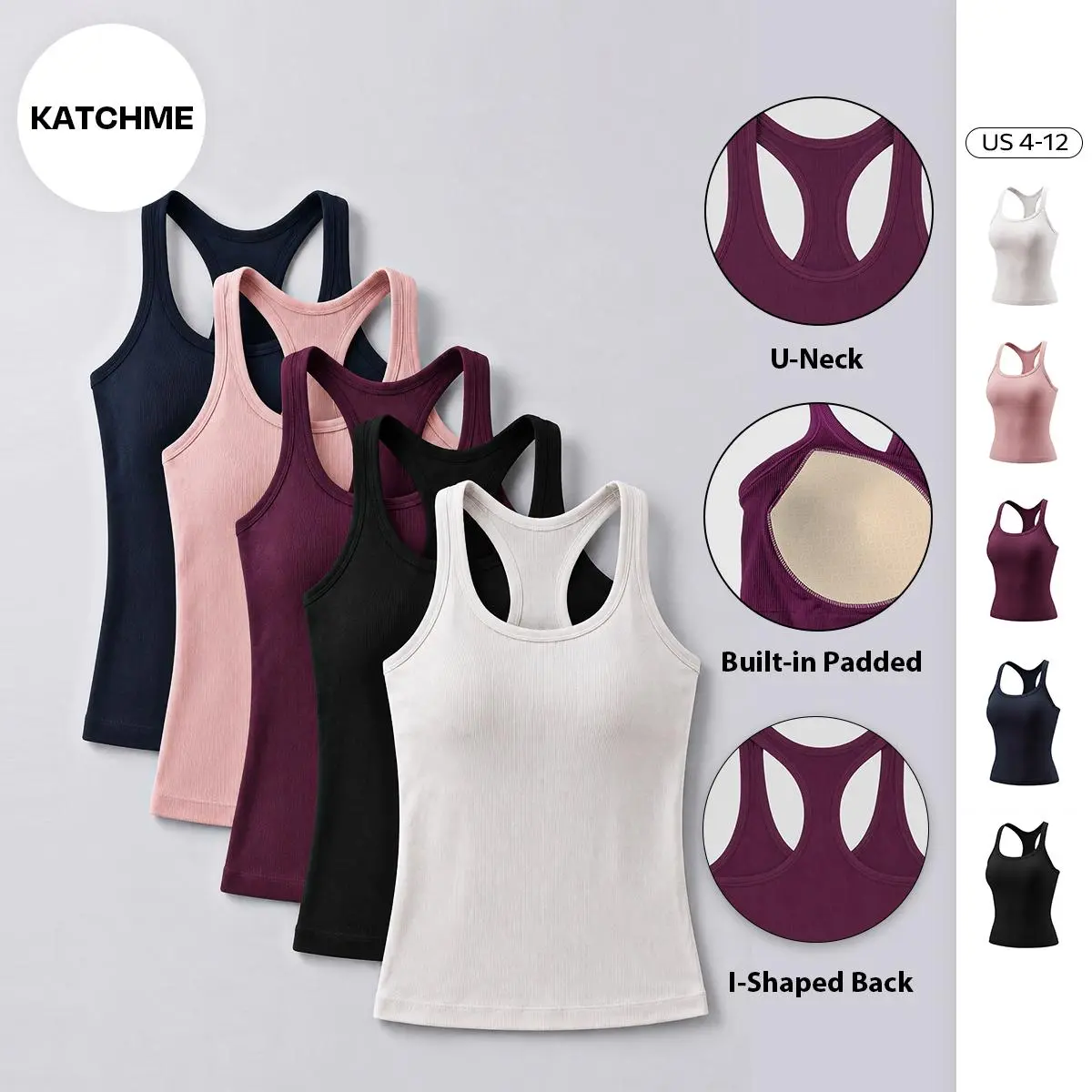 Women's Minimalist Solid Color U-Neck 2-in-1 Camisole, Soft Quick-Drying Built-in Bra Padded Tank Top, Basic Workout Stretchy Breathable Outfit