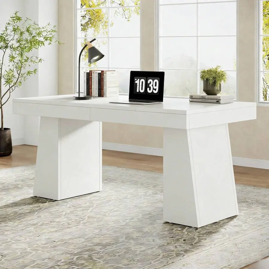 55-Inch Modern Executive Desk, Large Wood Office Computer Desk With Double Pedestal, Minimalist Workstations Writing Table Conference Table Furniture Home Office, White