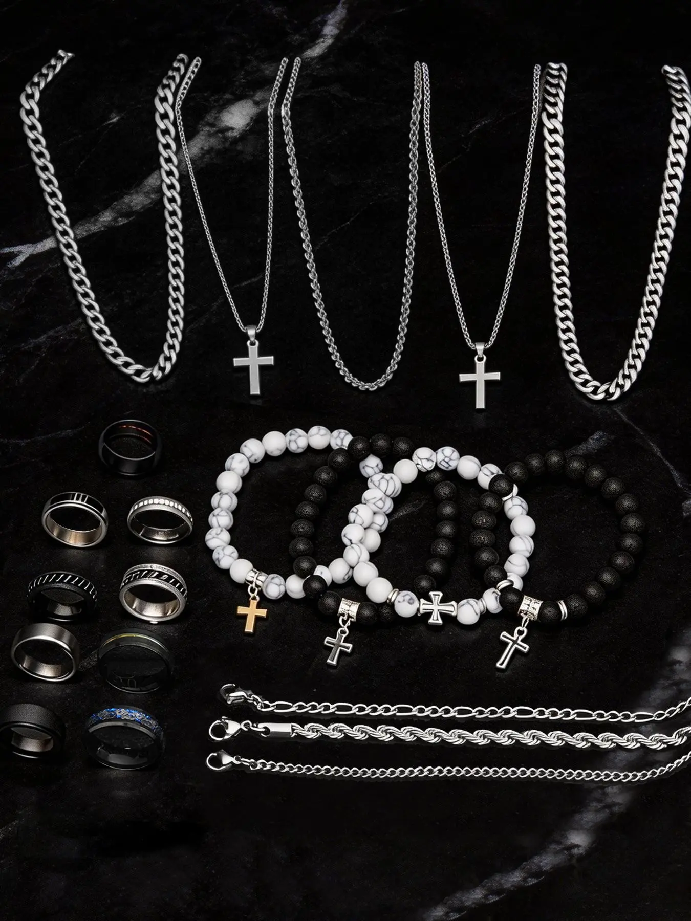Men's Stainless Steel Fashion Jewelry Set, Casual Punk Cross Pendant Necklace Chain Bracelet Ring Set, Geometric Pattern, All Seasons Gift