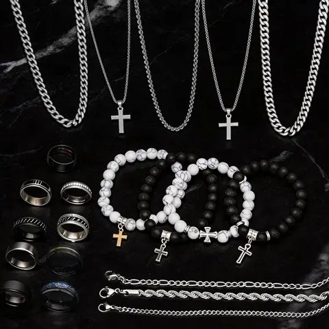 【Black Friday】Men's Stainless Steel Fashion Jewelry Set, Casual Punk Cross Pendant Necklace, Bracelet & Ring Set, All-Season Gift