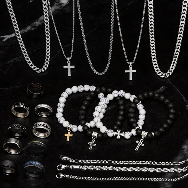 【Black Friday】Men's Stainless Steel Fashion Jewelry Set, Casual Punk Cross Pendant Necklace, Bracelet & Ring Set, All-Season Gift