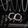 【Black Friday】Men's Stainless Steel Fashion Jewelry Set, Casual Punk Cross Pendant Necklace, Bracelet & Ring Set, All-Season Gift