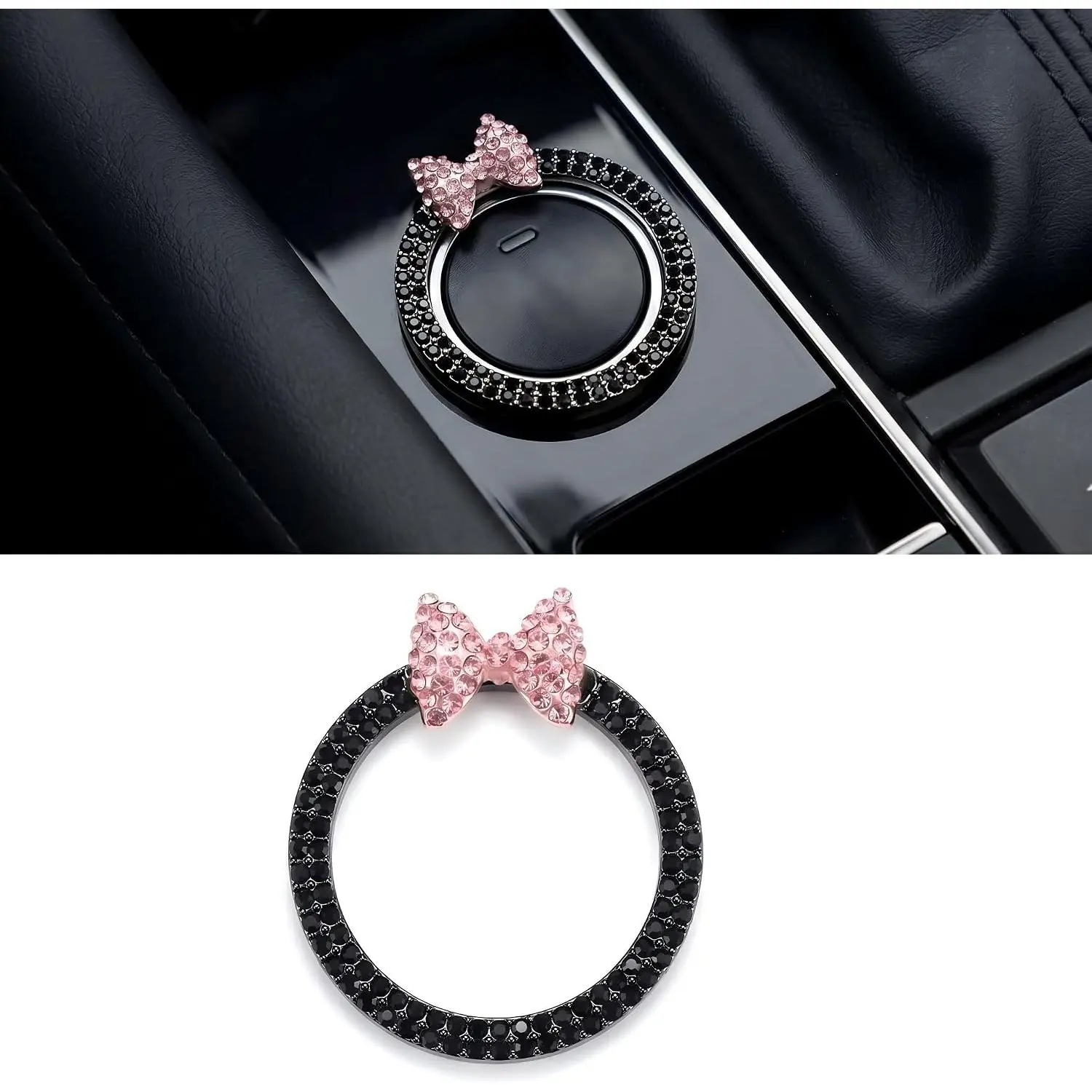 Bling Bow  Push Start Button Cover,  Bowknot Rhinestone Decorative Ring for Women & Girls, Anti-scratch Self-adhesive Engine  Button Cover, Interior Trim for  (Black)