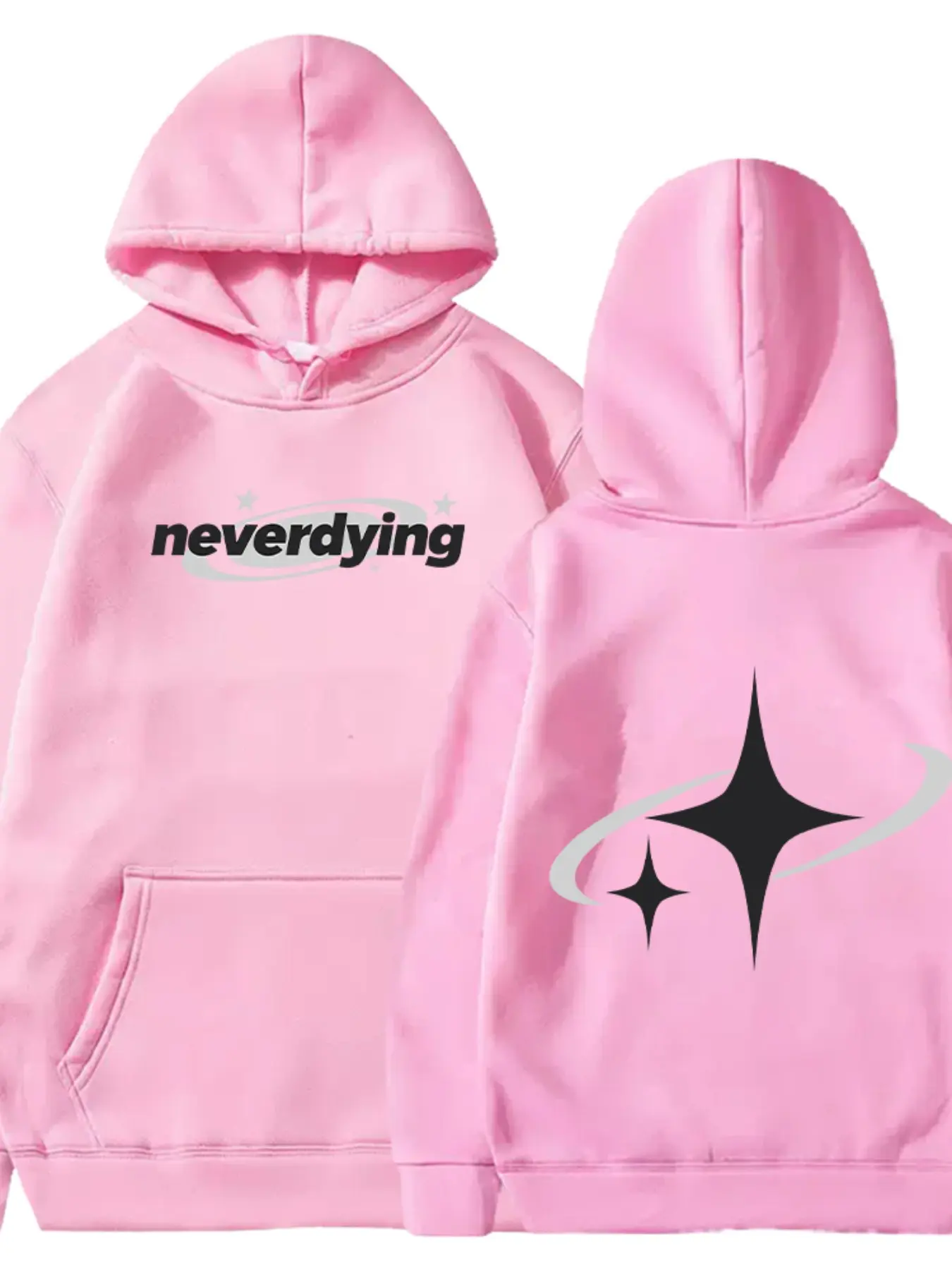Y2K American Neverdying Planet Text Hoodie, Front and Back Planet Cross Star Print, Loose-Fit Casual Top, All Seasons Wear