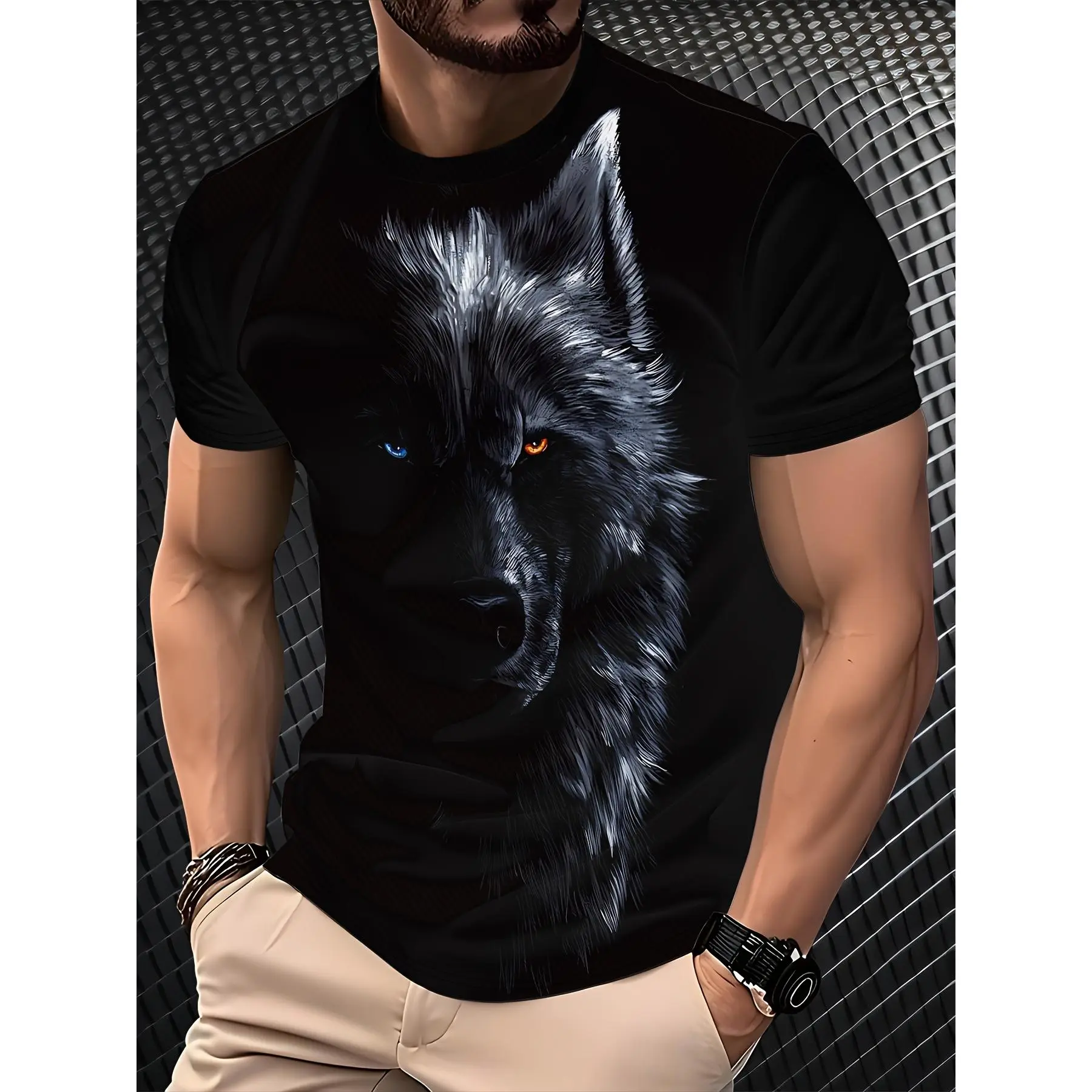 Men's 3D Short-sleeved Digital-print T-shirt - Summer! Mesh Polyester Short-sleeve with Unique Eye-catching Wolf-head Print. Men's Versatile Black T-shirt.