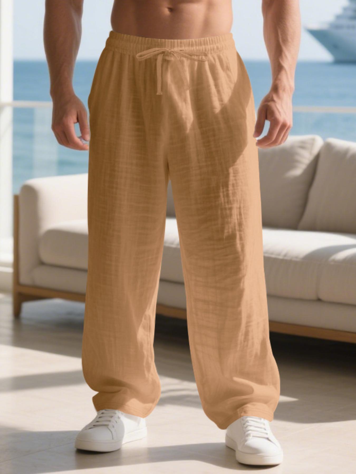 Men's Linen Long Pants Fit with Pockets, Casual Beach Pants, Summer Home Wear, Elastic Waistband & Drawstring, Spring & Fall Fashion