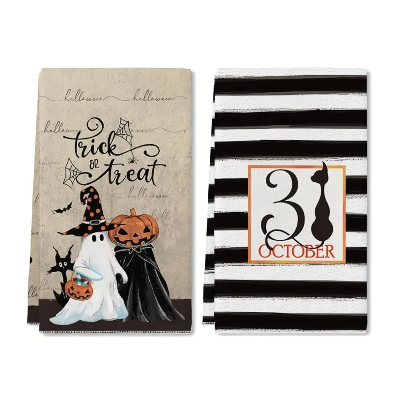 Halloween Kitchen Towels/Dish Towels (Set of 2, 16 x 24 inches) - Featuring vintage pumpkin, ghost, and black cat patterns; suitable for cooking, baking, and cleaning, or as "Trick-or-Treat" themed hand towels or tea towels.