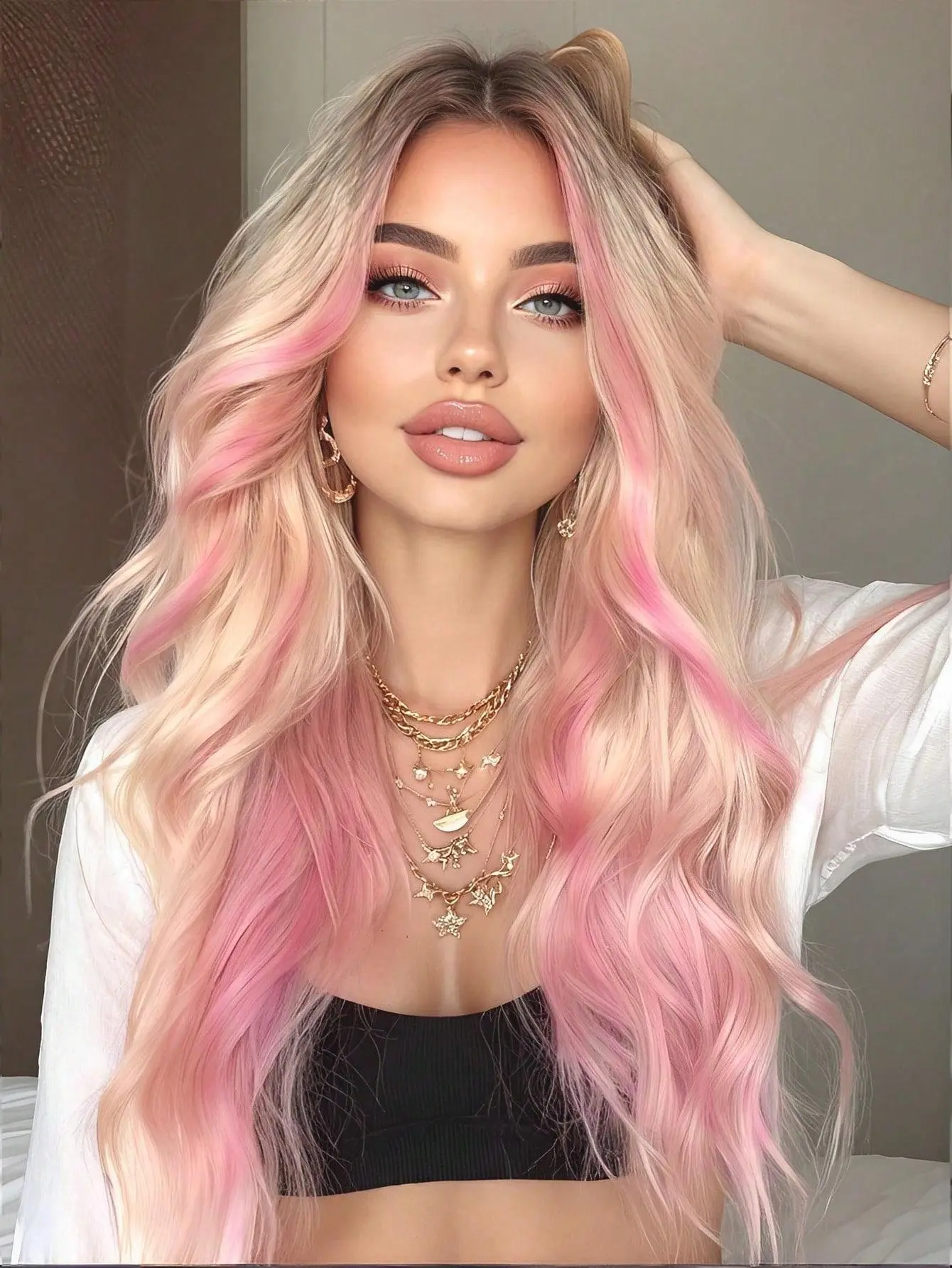 Holiday Haul: 26 Inch Long Wavy E-girl Wig, Blonde with Pink Peekaboo Highlights and Dark Roots, Synthetic Middle Part Wig for Women, Perfect for Fashion & Party
