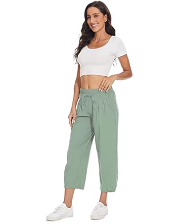 Women's Casual Lantern Tapered Harem Pants Loose Fit Style Flax Ankle Trousers Summer Baggy Slacks with Pocket bottoms outfits
