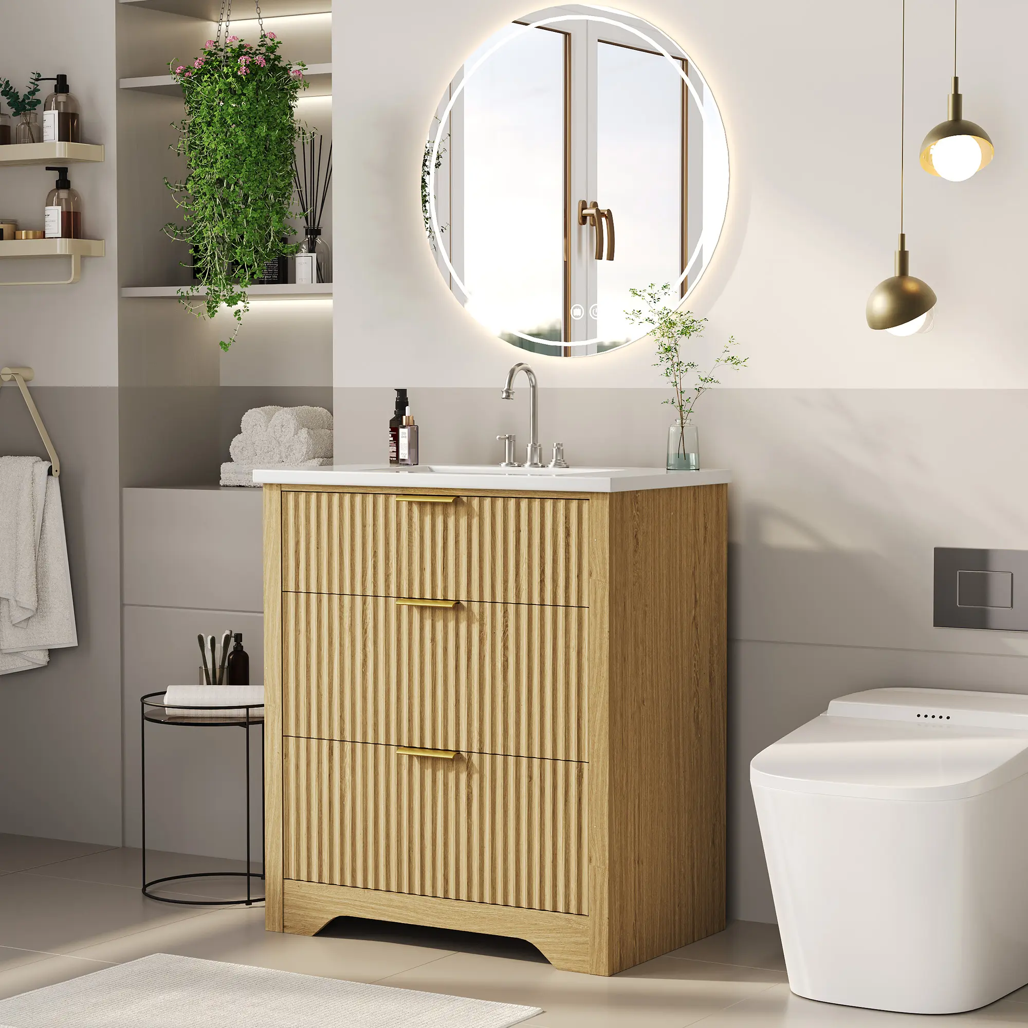 Fluted Bathroom Vanity with Ceramic Sink, Farmhouse Freestanding Bathroom Cabinet with 2 Drawers and Flip-Down Storage Drawer, Modern Bath Vanity, Easy Assembly