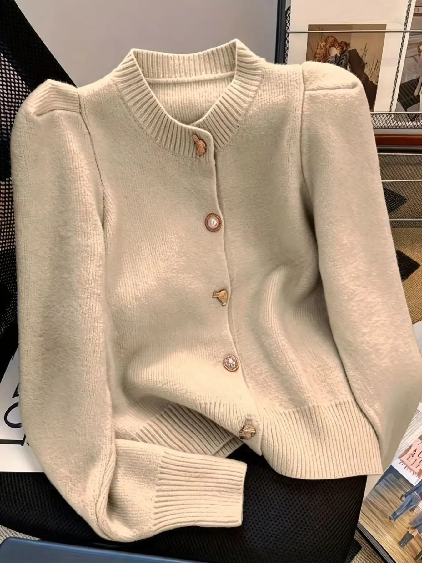 French Style Bubble Knit Sweater, Fall Winter Bow Design Casual Round Neck Cardigan, Knitwear, Soft and Cozy Knitted Top for Women