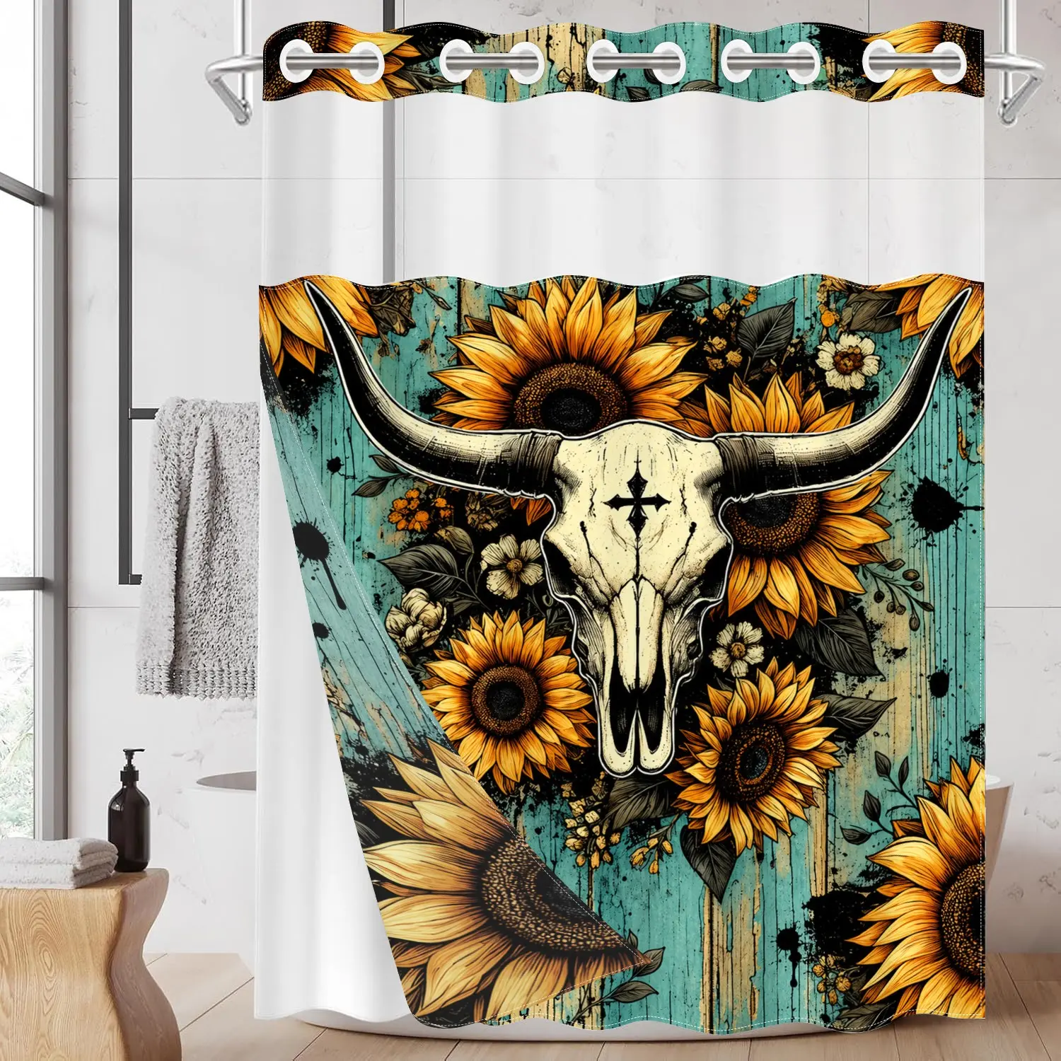 1pc 2D Longhorn Skull, Sunflower & Turquoise Wood Print Double-Layer Woven Shower Curtain, Hookless, Sheer Top Window, Detachable Snap-On White Liner, Rustic Western Farmhouse Decor for Fall & Everyday Use